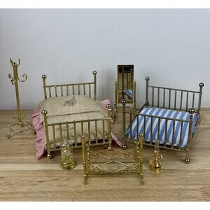Vintage Brass Doll House Furniture Lot - Bed, Crib, Standing Mirror, Lamp & More